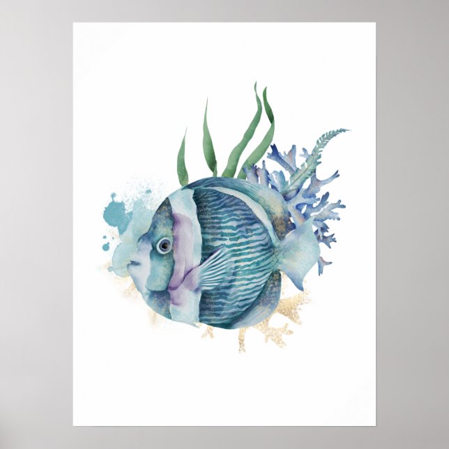 Modern Blue & Gold Watercolor Fish Poster (Front)