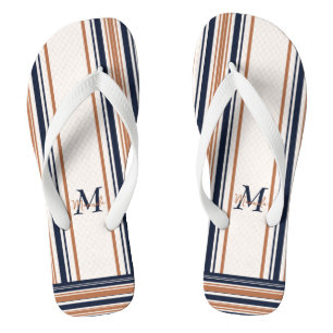 Modern Blue & Gold White Stripes Monogram Thongs