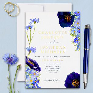 Modern Blue Gold Wildflower Watercolor Wedding