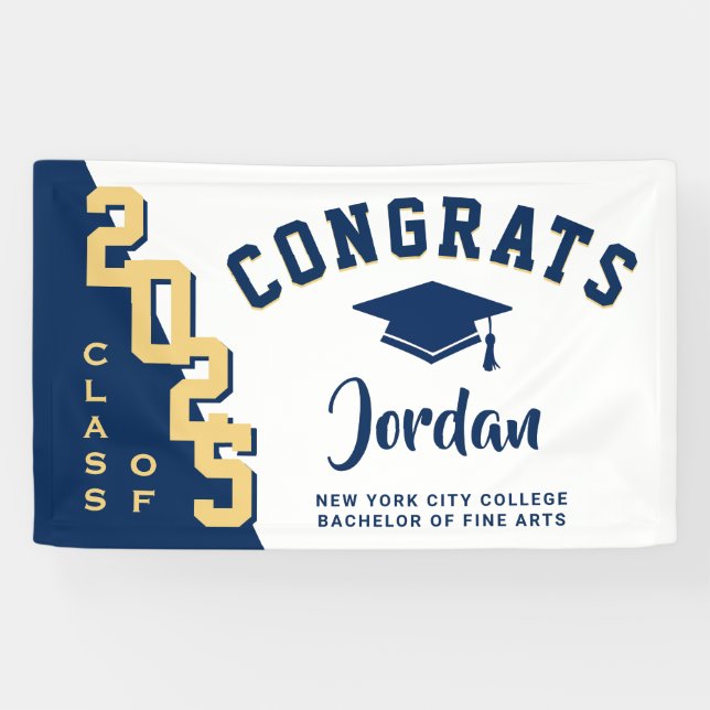 Modern Blue Golden Graduation Class of 2025 Party Banner (Horizontal)