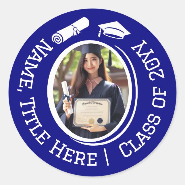 Modern Blue Graduate Photo, Cap Tassel and Diploma Classic Round Sticker (Front)