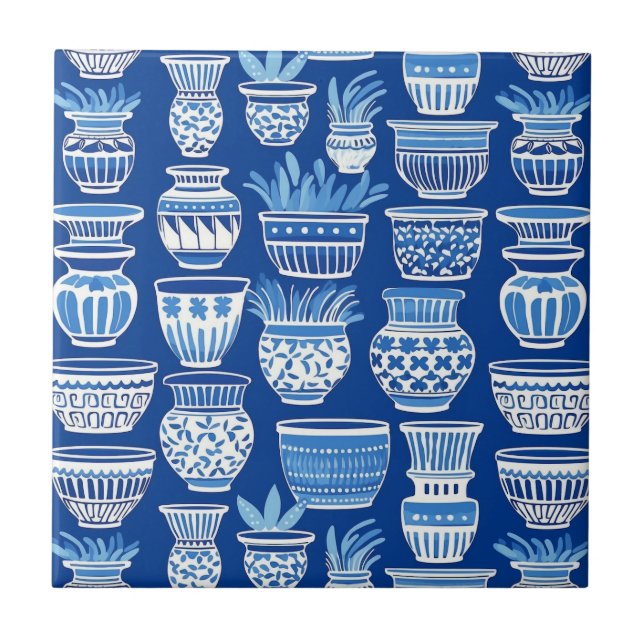 Modern blue Greek clay pots pattern Ceramic Tile (Front)