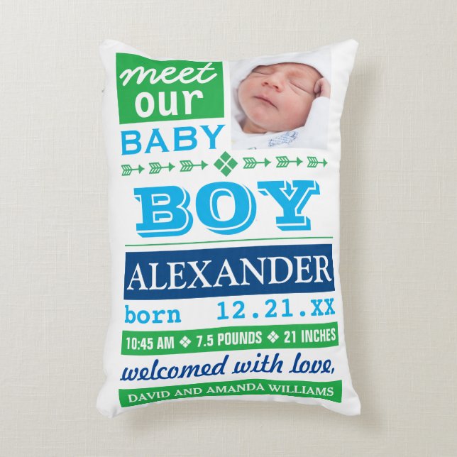 Modern Blue Green Baby Boy Photo Birth Stats Decorative Cushion (Front(Vertical))