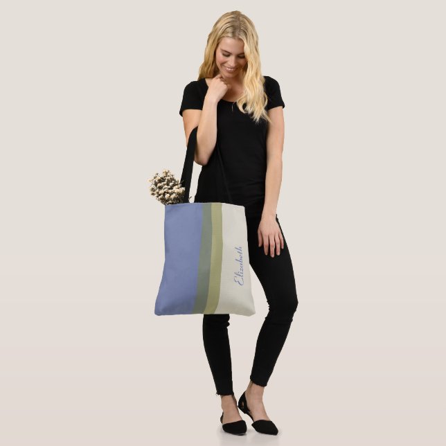 Modern Blue Green Cream Custom Name Colour Block Tote Bag (On Model)