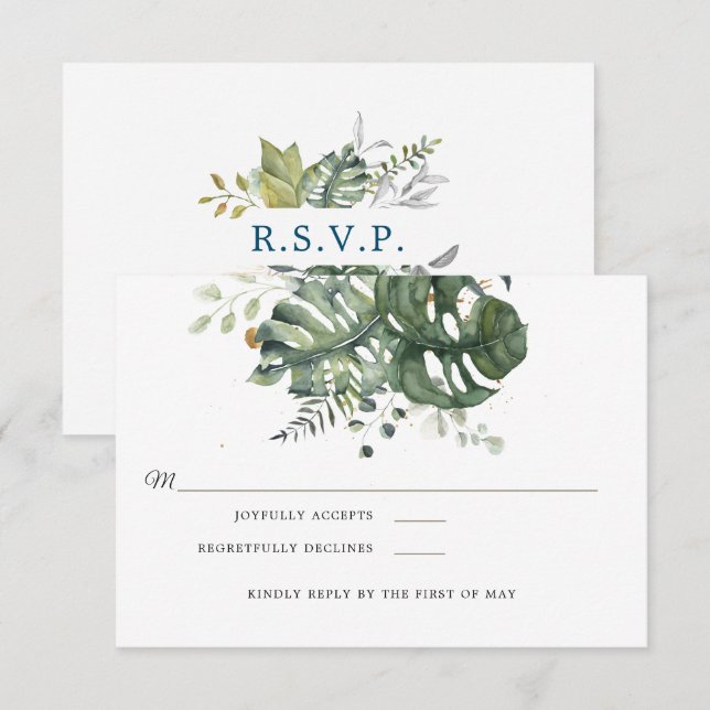 Modern Blue & Green Floral | Wedding RSVP (Front/Back)