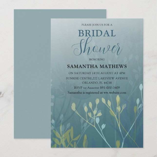 Modern Blue Green Foliage Bridal Shower Invitation (Front/Back)