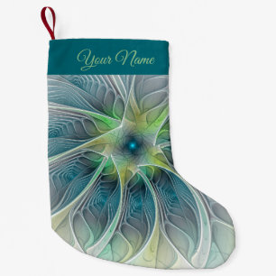 Modern Blue Green Fractal Fantasy Flower Own Name Small Christmas Stocking