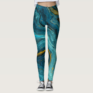 Modern  Blue Green Gold Dust Marble Abstract Art Leggings