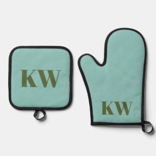 Modern Blue Green Monogram Initials Personalised  Oven Mitt & Pot Holder Set