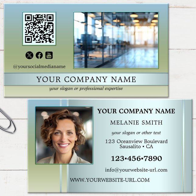 Modern Blue Green Office Photo  Business Card (Business card in beautiful green blue colors, featuring your logo, social media, QR code and photos)