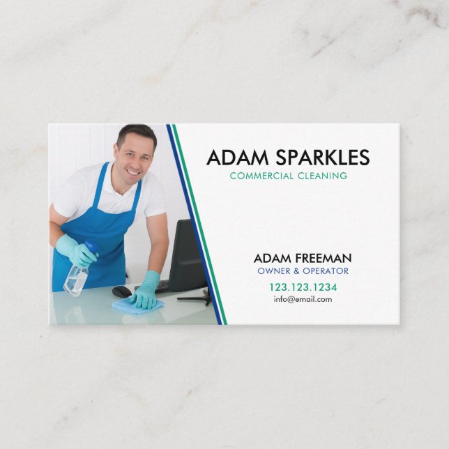Modern Blue & Green Photo Cleaning Service Business Card (Front)