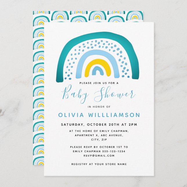 Modern Blue Green Rainbow Baby Shower Baby Boy Inv Invitation (Front/Back)