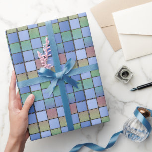 Modern Blue Green Square Pattern Tiles  Wrapping Paper