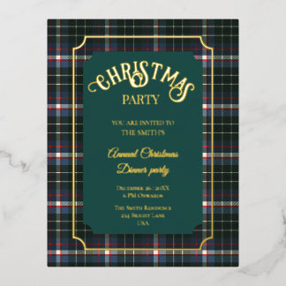 Modern Blue Green Tartan foil Christmas invitation