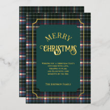 Modern Blue Green Tartan gold foil christmas