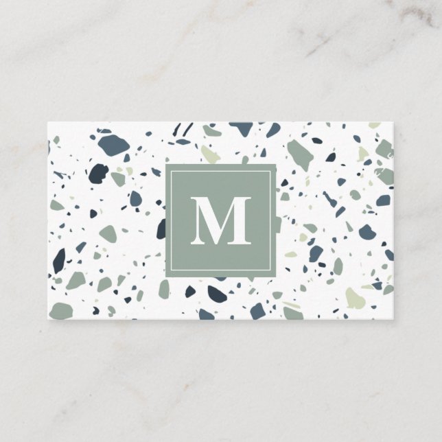 Modern Blue Green Terrazzo Marble Monogram Business Card (Front)