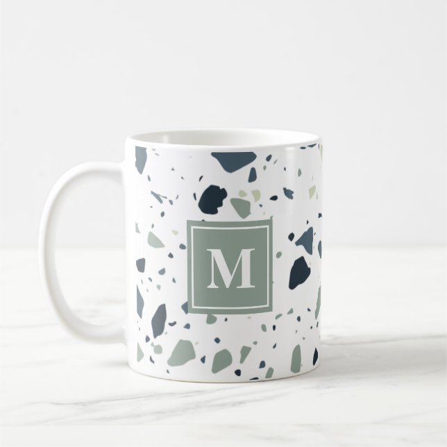 Modern Blue Green Terrazzo Marble Monogram Coffee Mug (Left)