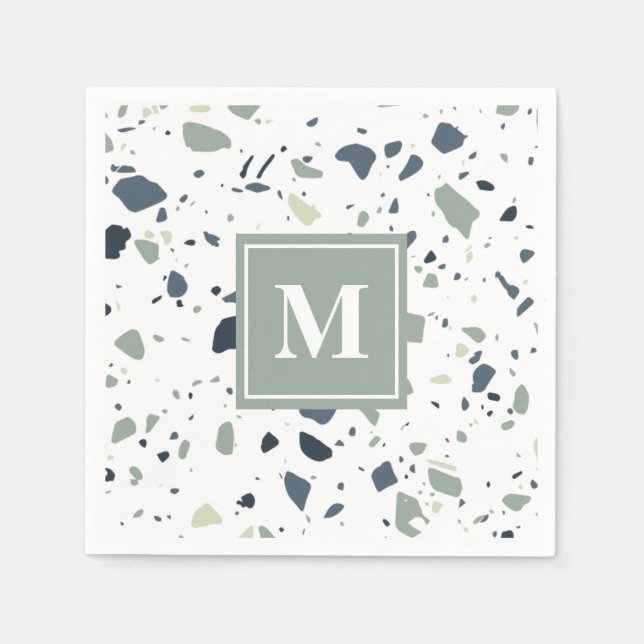 Modern Blue Green Terrazzo Marble Monogram Napkin (Front)