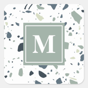 Modern Blue Green Terrazzo Marble Monogram Square Sticker