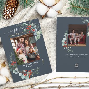 Modern Blue Greenery Botanical Christmas Photo Holiday Card