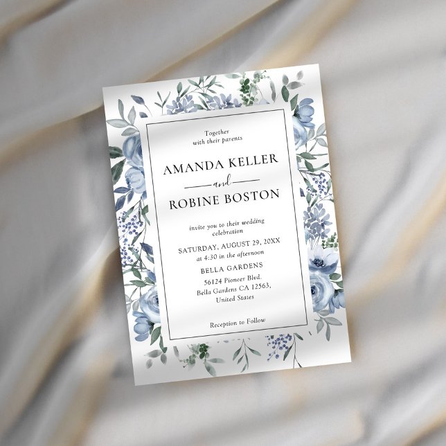 Modern Blue Greenery Floral Wedding Invitation (Creator Uploaded)