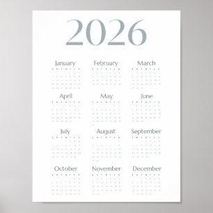 Modern Blue-Grey 2026 Calendar Simple One-Page  Poster
