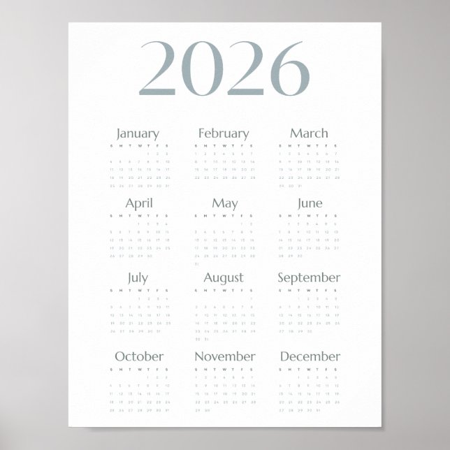 Modern Blue-Grey 2026 Calendar Simple One-Page  Poster (Front)