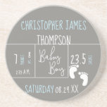 Modern Blue Grey Baby Boy photo Birth Announcement Coaster<br><div class="desc">Personalised with baby boy's photo on the back and the font is an elegant and modern mix of typography announcing baby's full name, birth date, weight, length, time of birth. "Baby boy" is done in a hand lettering script font in the middle. The colours can be interchanged if you need...</div>