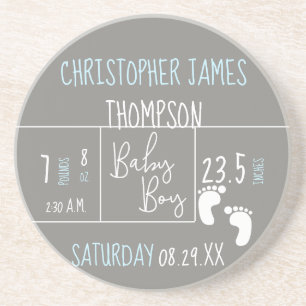 Modern Blue Grey Baby Boy photo Birth Announcement Coaster