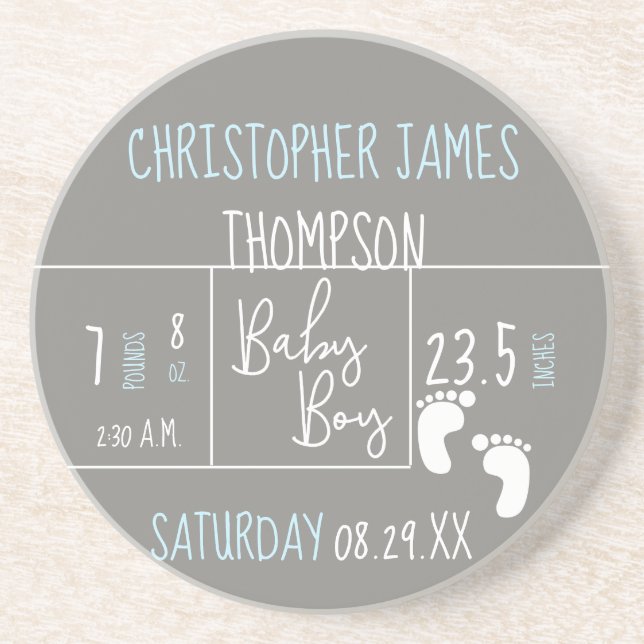 Modern Blue Grey Baby Boy photo Birth Announcement Coaster (Front)