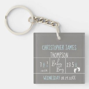 Modern Blue Grey Baby Boy photo Birth Announcement Key Ring