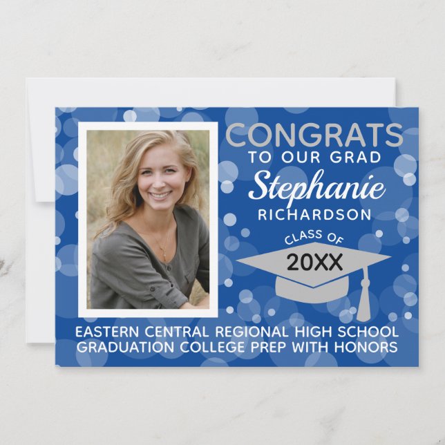 Modern Blue Grey Bokeh Bubbles Photo Graduation Invitation (Front)