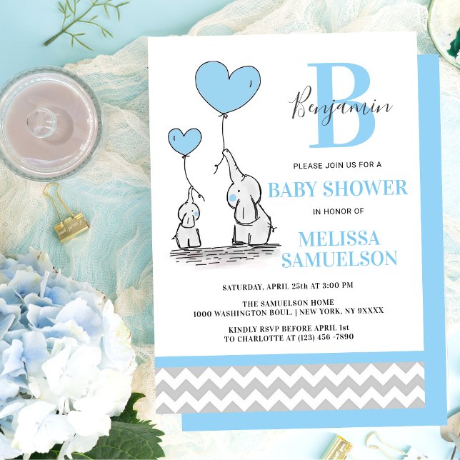 Modern Blue Grey Chevron Elephant BABY SHOWER Boy Invitation (Creator Uploaded)
