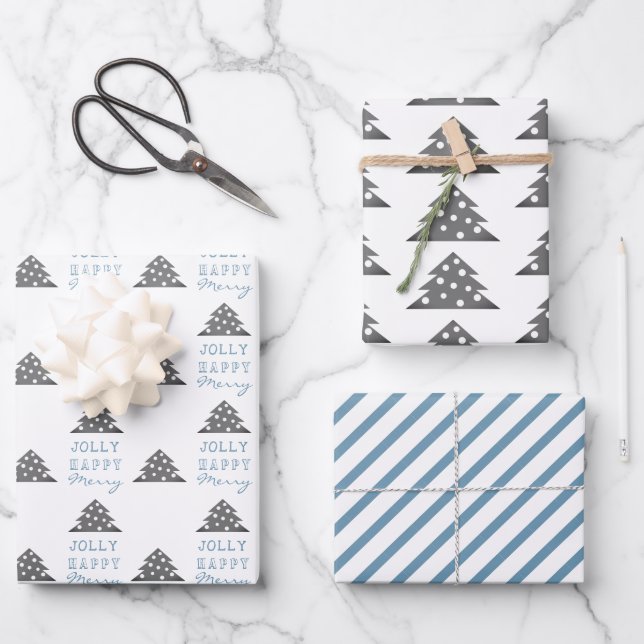 Modern Blue Grey Christmas Tree Pattern Holiday Wrapping Paper Sheet (Front)