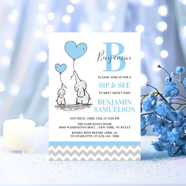 Modern Blue Grey Elephant SIP & SEE Baby Boy Invitation (Modern Blue Grey Elephant SIP & SEE Baby Boy Invitation)