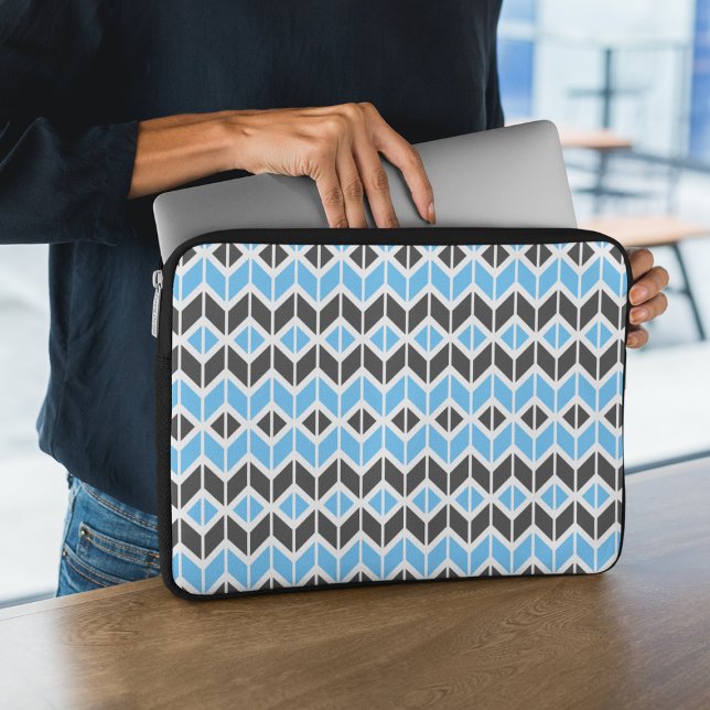 Modern Blue Grey Herringbone Geometric Pattern Laptop Sleeve (Creator Uploaded)