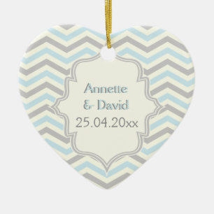 Modern blue, grey, ivory chevron pattern custom ceramic ornament