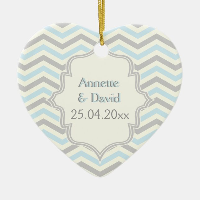 Modern blue, grey, ivory chevron pattern custom ceramic ornament (Front)