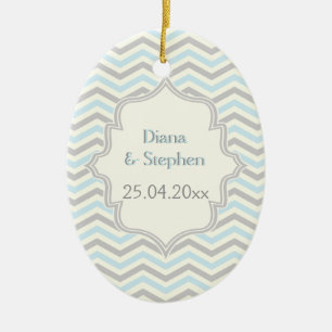 Modern blue, grey, ivory chevron pattern custom ceramic ornament