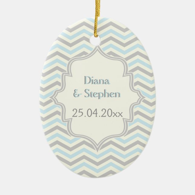 Modern blue, grey, ivory chevron pattern custom ceramic ornament (Front)