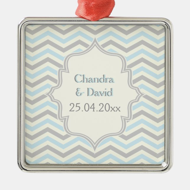 Modern blue, grey, ivory chevron pattern custom metal ornament (Front)