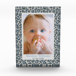 Modern Blue Grey Leopard Print Baby Photo Block