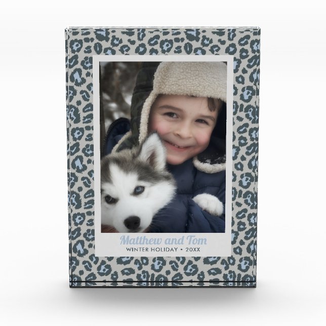 Modern Blue Grey Leopard Print Custom Photo Block (Front)