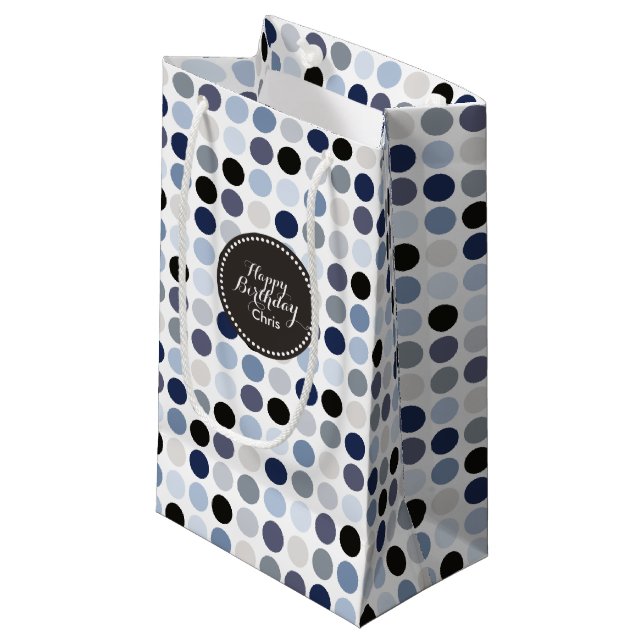 modern blue grey polka dots pattern monogram small gift bag (Front Angled)
