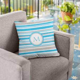 Modern Blue Grey Stripes Monogram Cushion