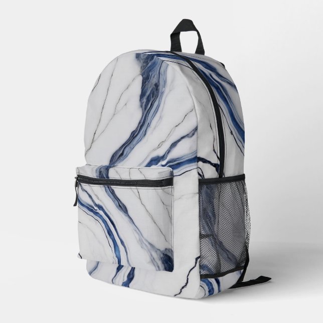 Modern Blue Grey White Minimalist Marble Printed Backpack (Back Corner Right)