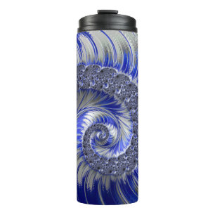 Modern Blue Grey White Spiral Fractal Thermal Tumbler