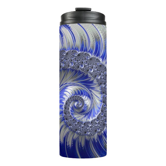 Modern Blue Grey White Spiral Fractal Thermal Tumbler (Front)