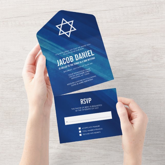 Modern Blue Grunge Bar Mitzvah All In One Invitation (Tearaway)
