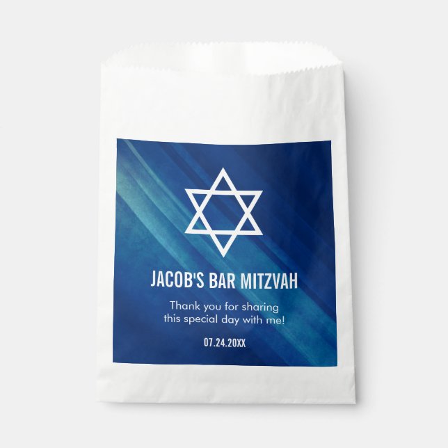Modern Blue Grunge Bar Mitzvah Personalised Favour Bag (Front)